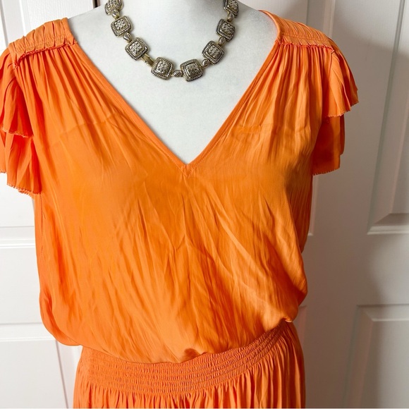 Ramy Brooke Bambi Rouched Ruffle Orange Silk Dress (size M) - Picture 2 of 6